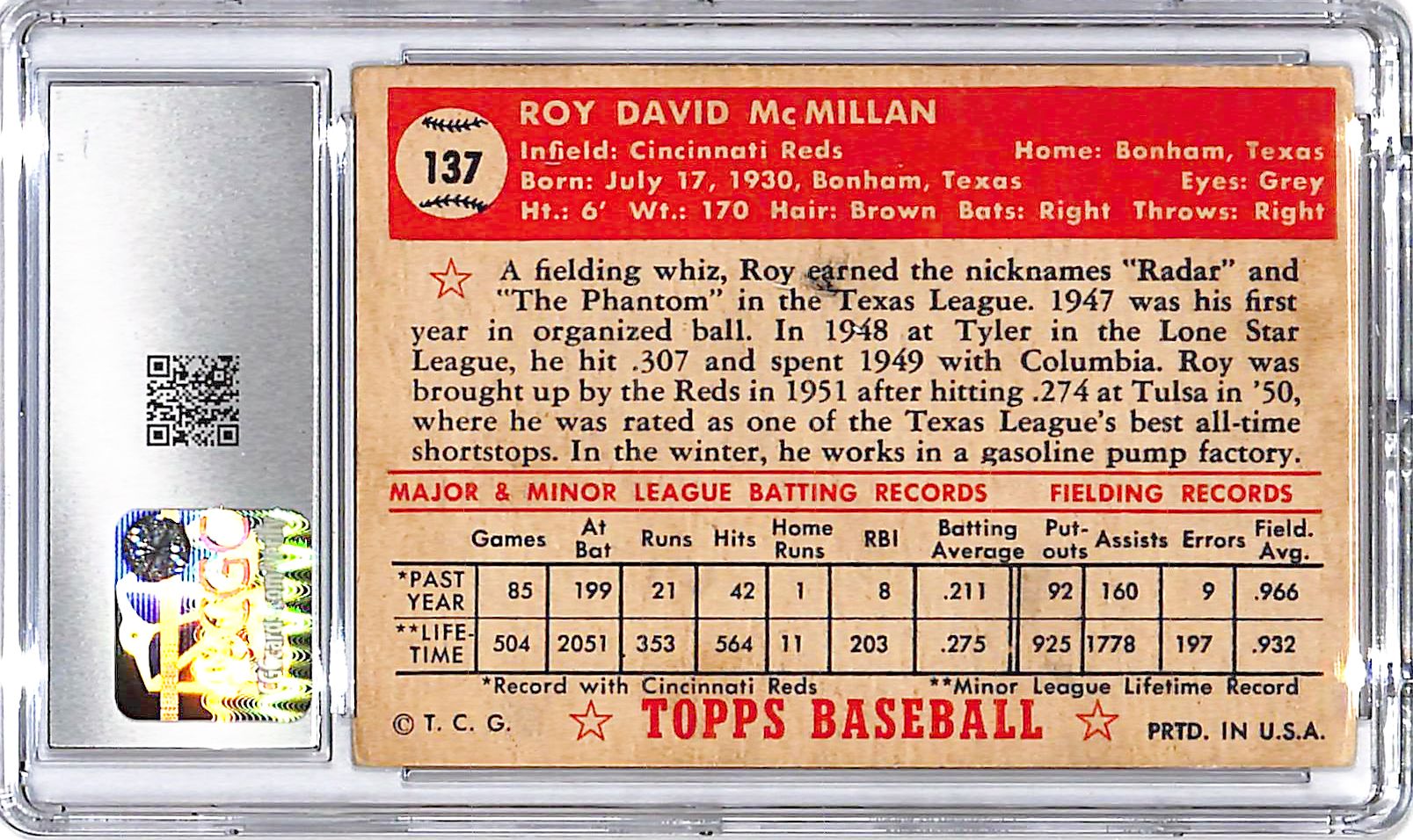 1952 Topps Roy McMillan #137 CGC 4 Reds