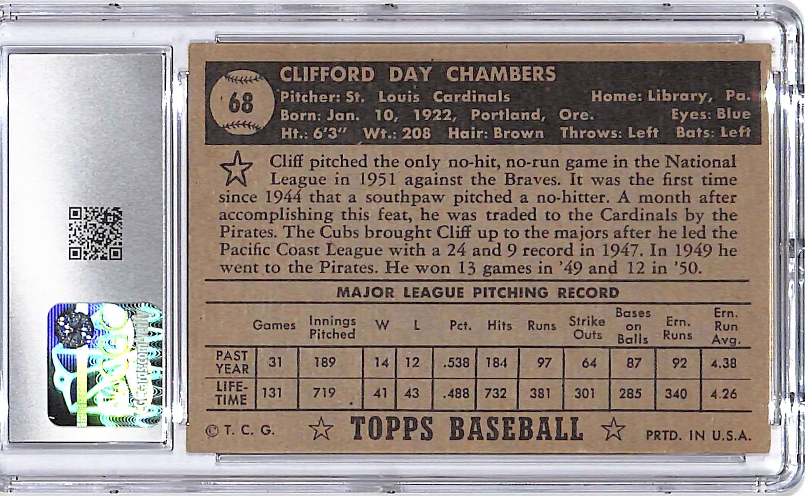 1952 Topps Cliff Chambers Black back #68 CGC 4.5 Cardinals