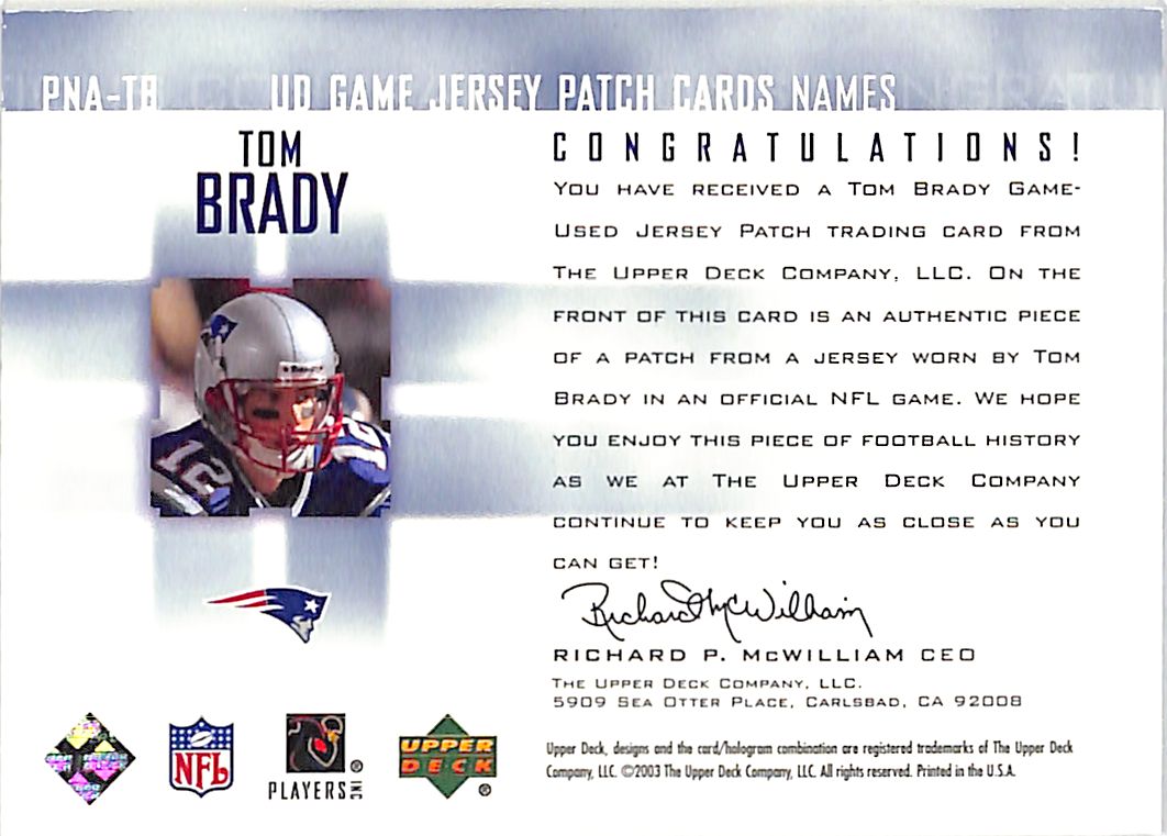 2003 Upper Deck Tom Brady UD Game Jersey Patch Card GAME USED Patriots