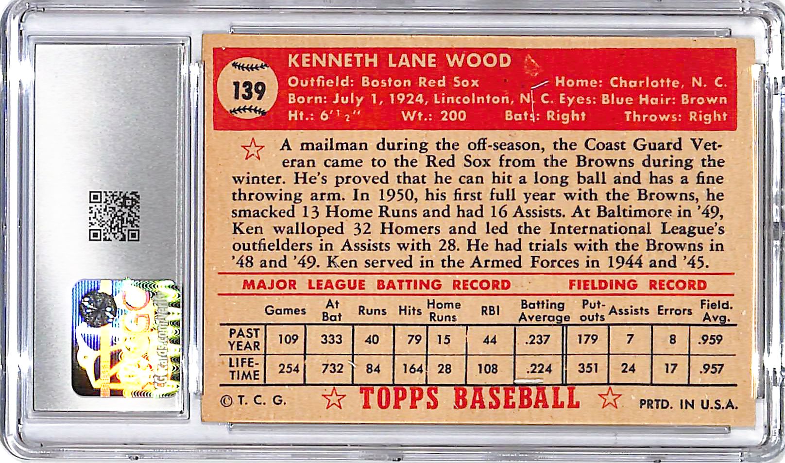 1952 Topps Ken Wood #139 CGC 3.5 Red Sox
