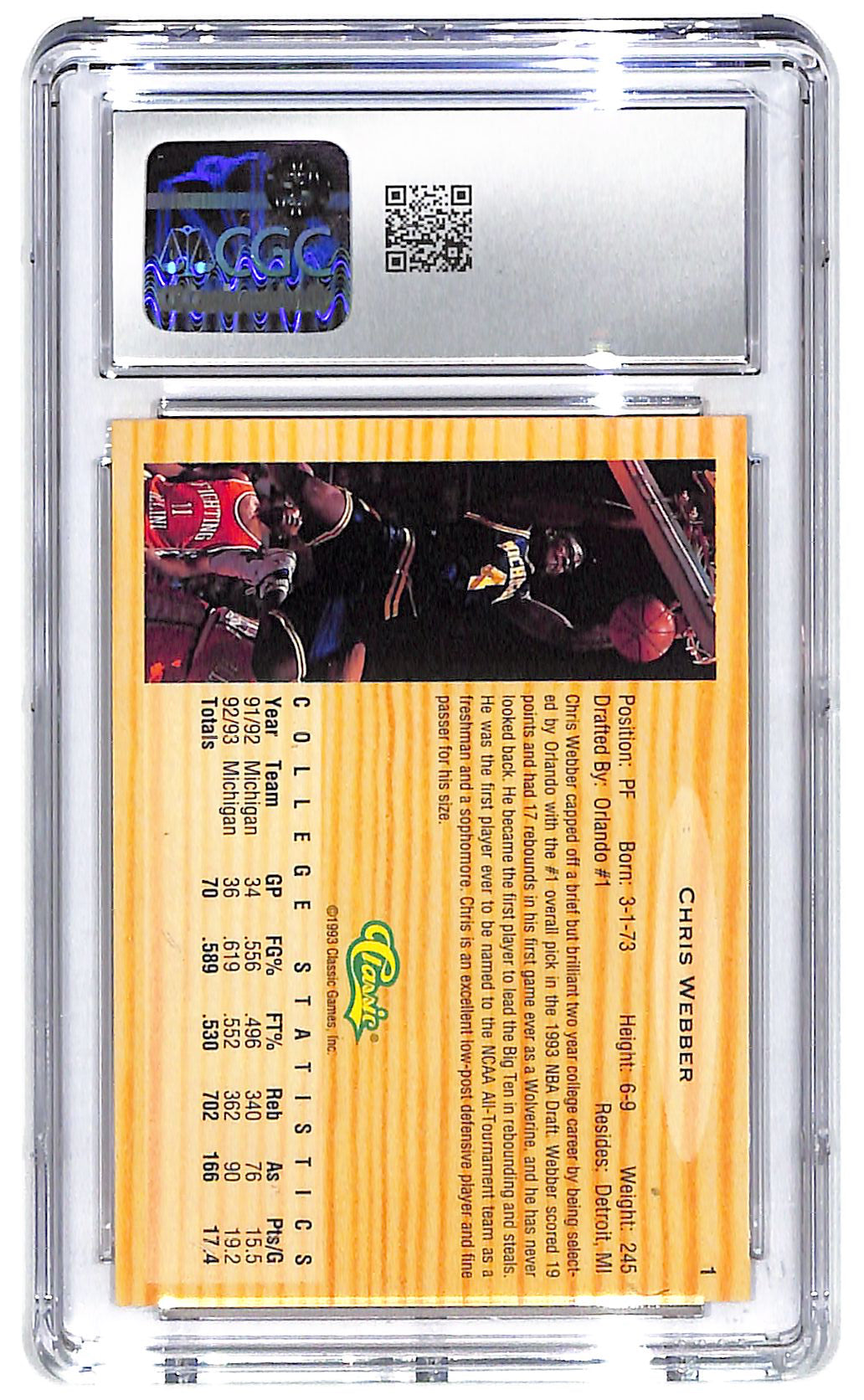 1993 Chris Webber Classic Draft Picks #1 CGC Mint Plus 9.5