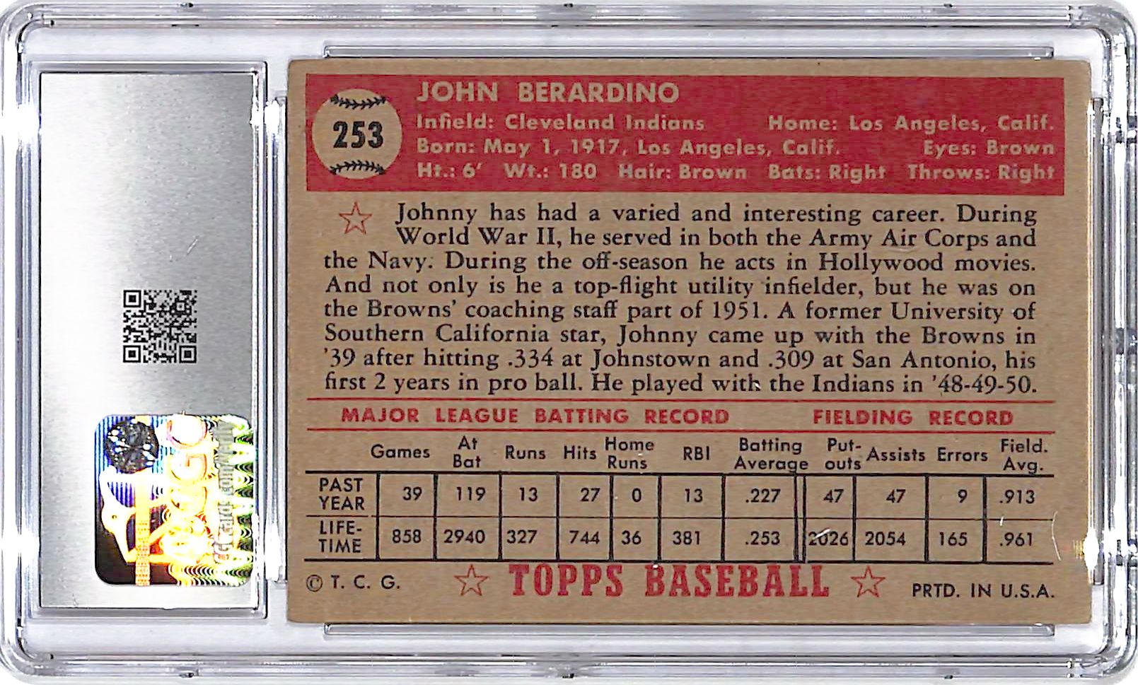 1952 Topps Johnny Berardino #253 CGC 4 Indians