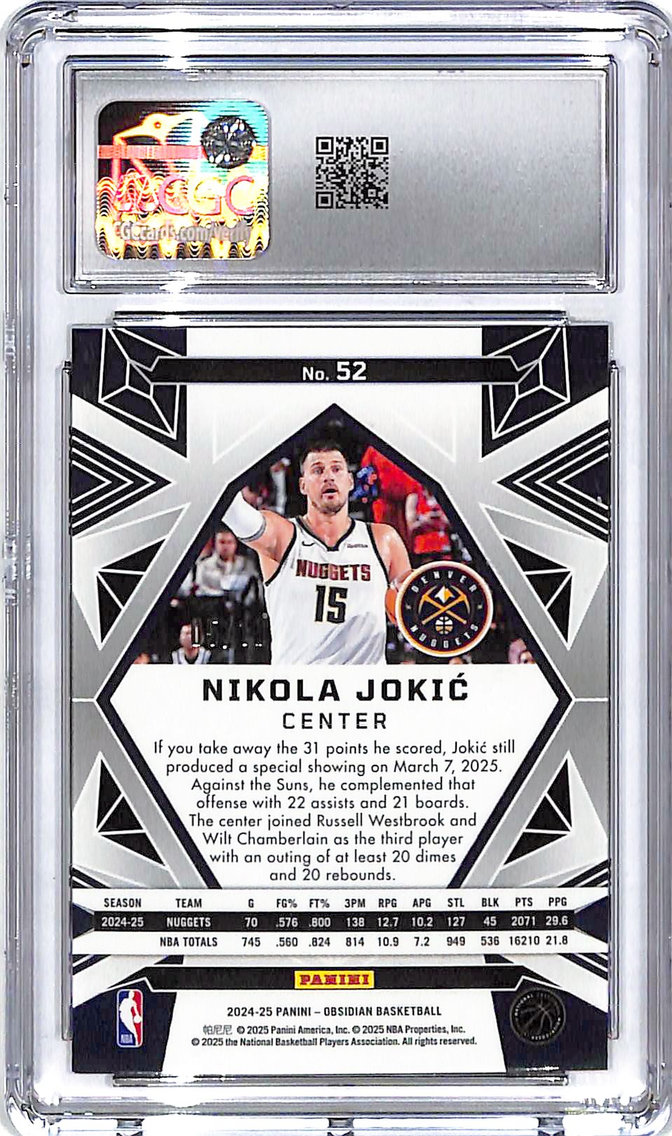 2024-25 Obsidian Nikola Jokic Electric Etch Molten Mojo Gold /10 CGC 9 Nuggets