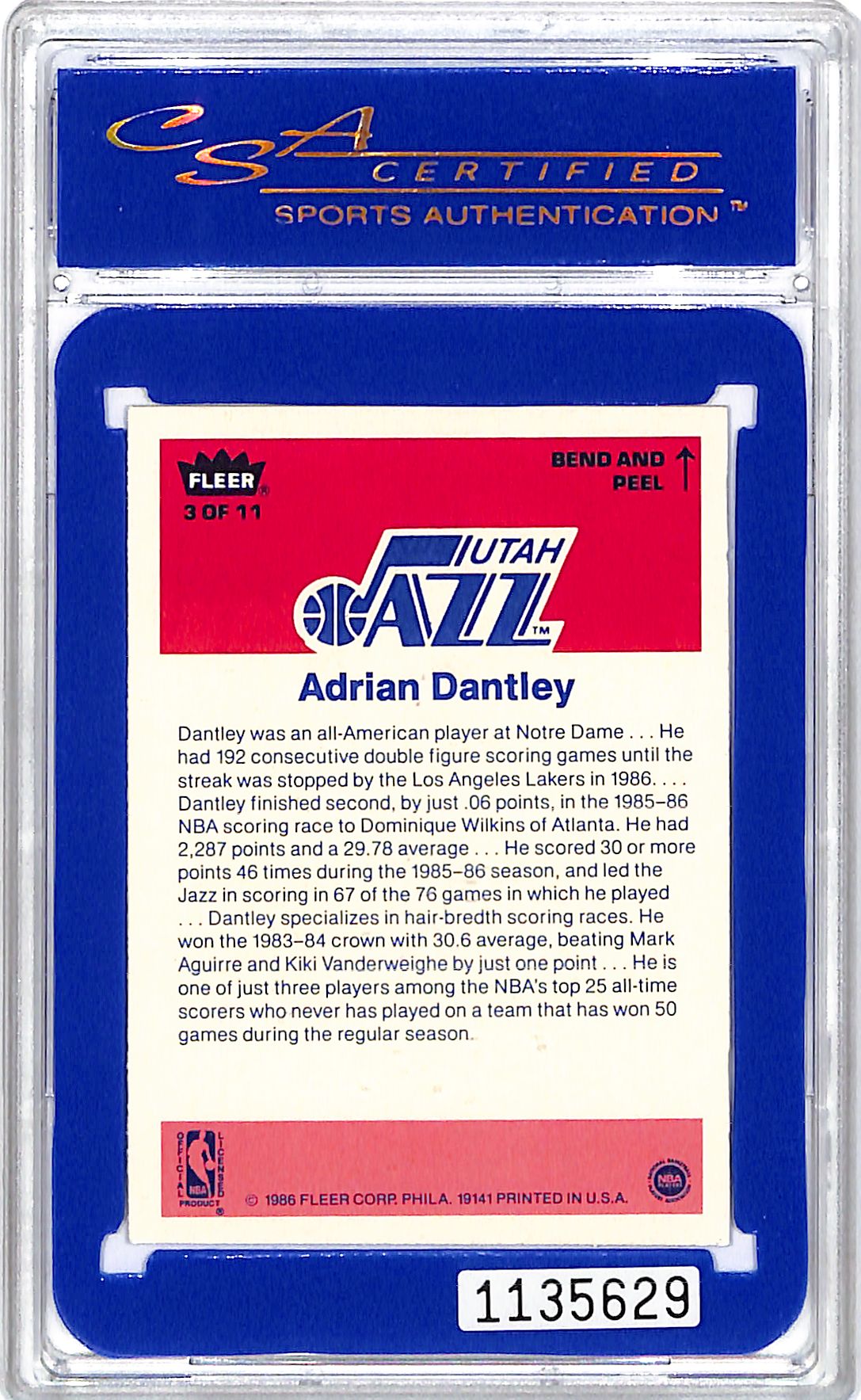 1986-87 Fleer Adrian Dantley Sticker CSA Certified 8 Jazz