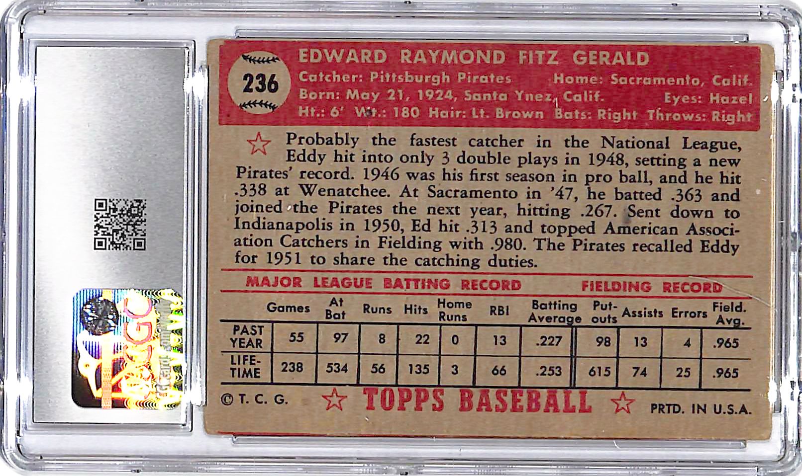 1952 Topps Williard Marshall #96 CGC 4 Braves