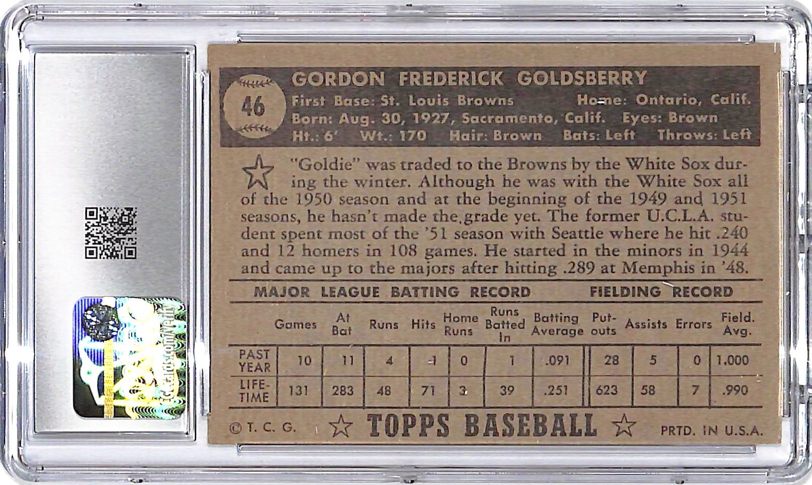 1952 Topps Gordon Goldsberry Black Back #46 CGC 4.5 Browns