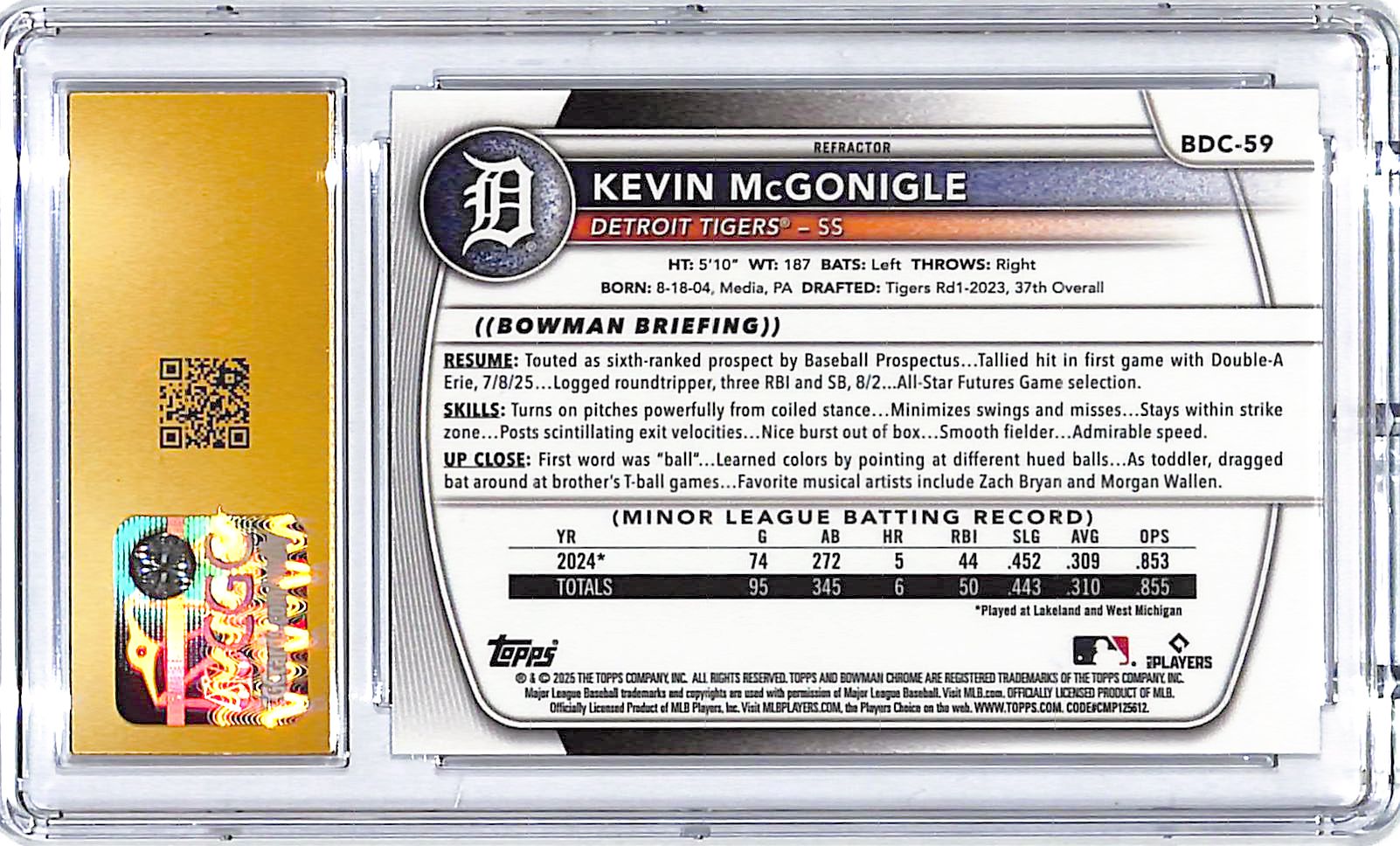 2025 Bowman Draft Chrome Kevin McGonigle Rookie RC Refractor CGC 10 Pristine