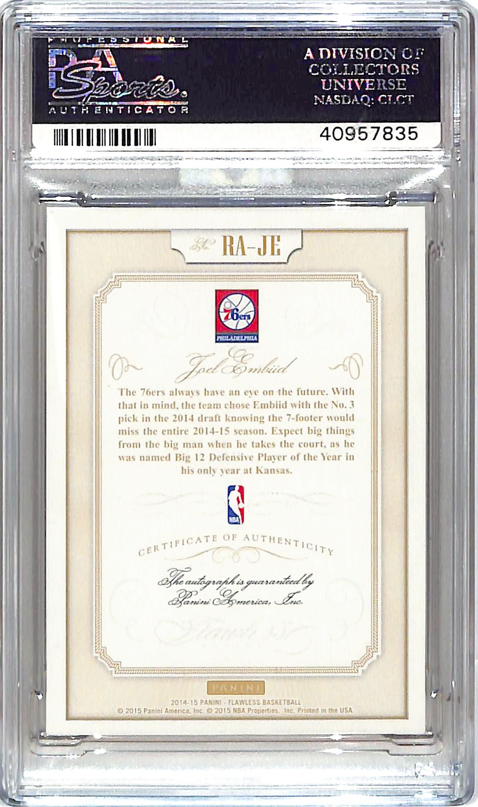 2014-15 Flawless Joel Embiid Auto Autograph Rookie RC Gold /10 PSA 10 76ers