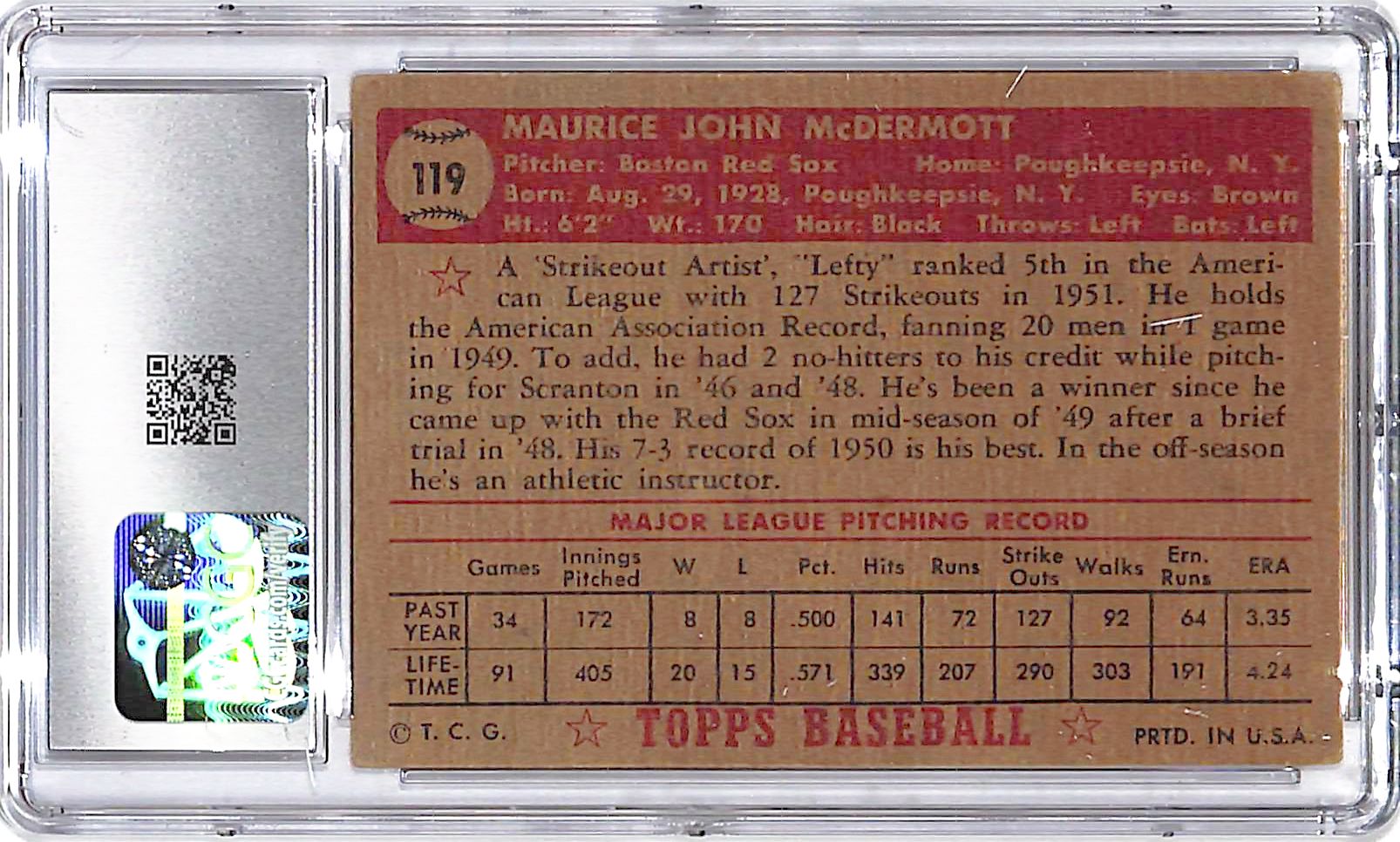 1952 Topps Mickey McDermott #119 CGC 3 Red Sox