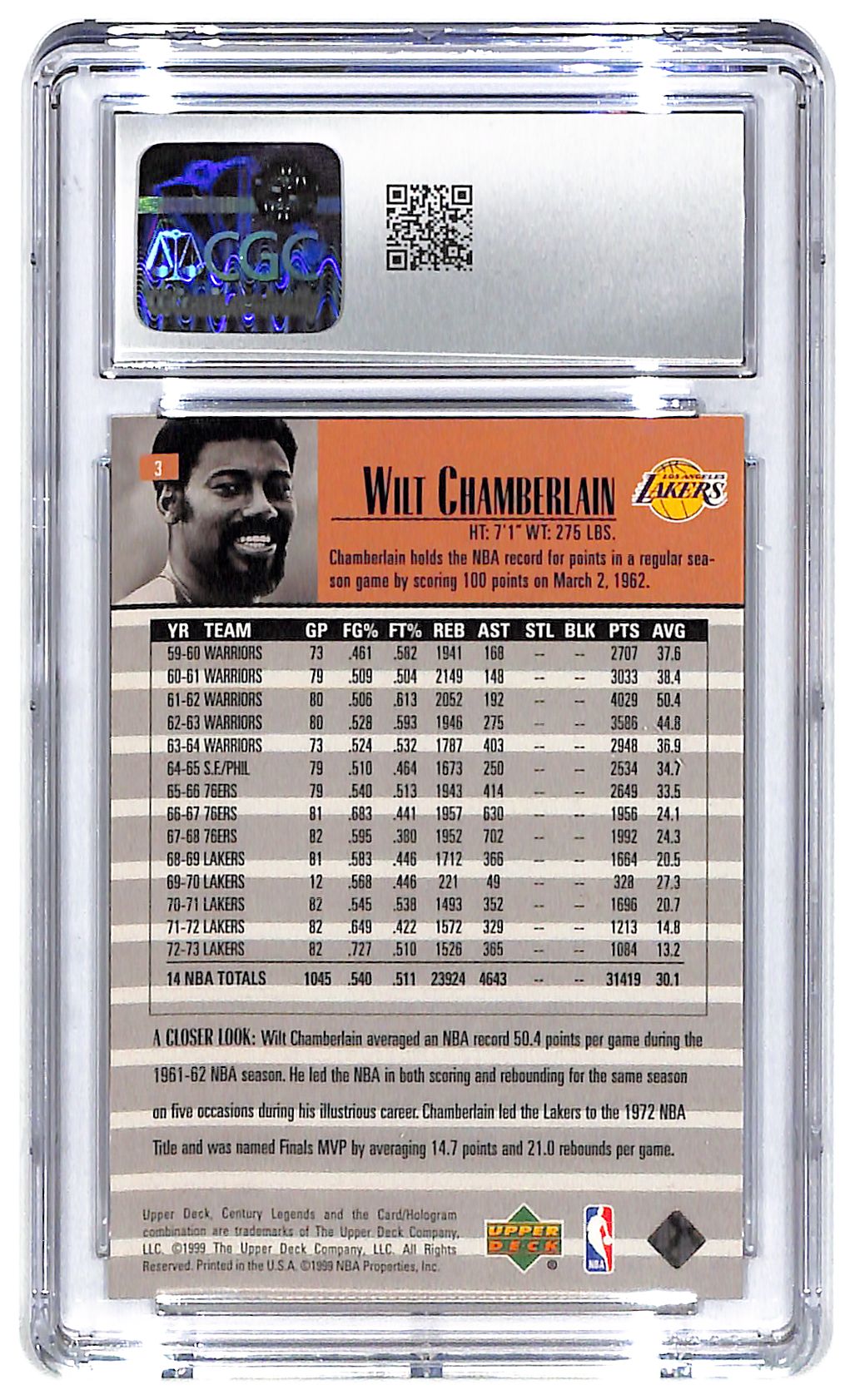 1999-00 Wilt Chamberlain UD Century Legends #3 CGC Mint Plus 9.5