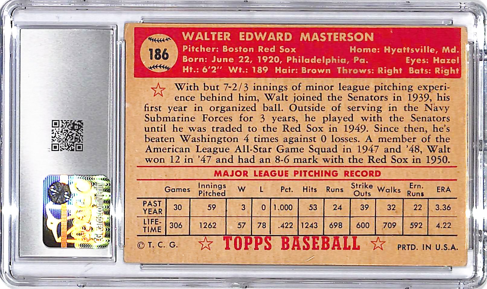 1952 Topps Walt Masterson #186 CGC 4 Red Sox