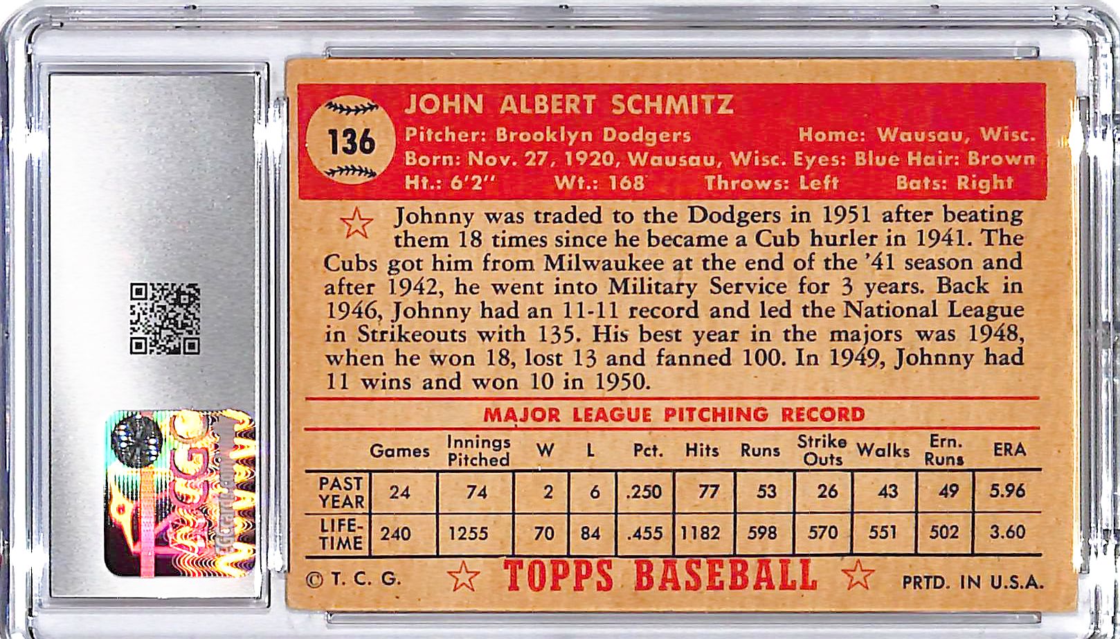 1952 Topps Johnny Schmitz #136 CGC 4 Dodgers