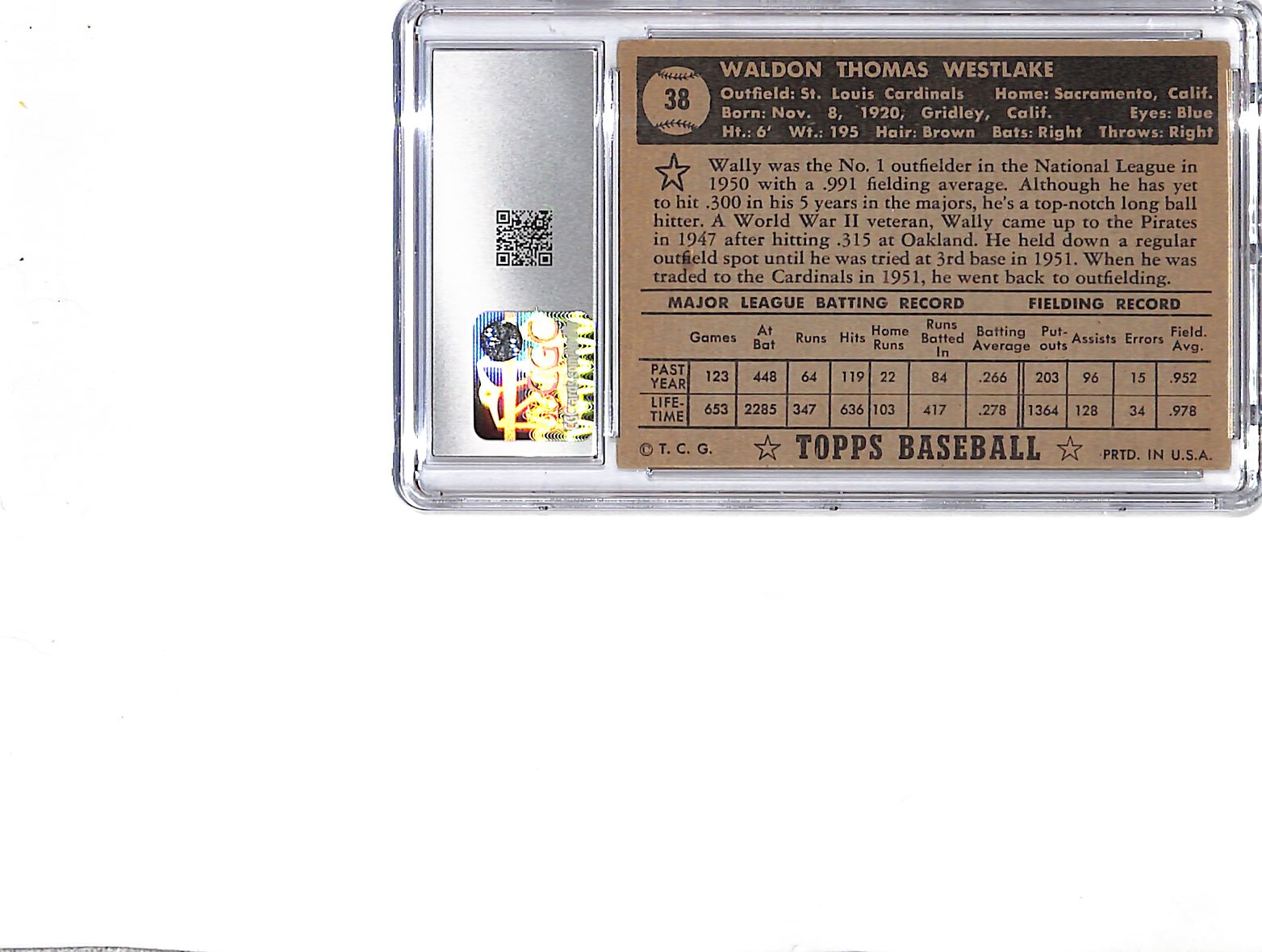 1952 Topps Wally Westlake Black Back #38 CGC 4.5 Cardinals