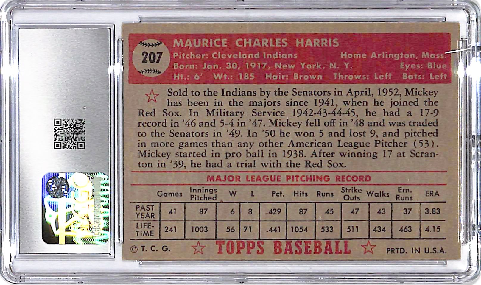 1952 Topps Mickey Harris #207 CGC 5 Indians