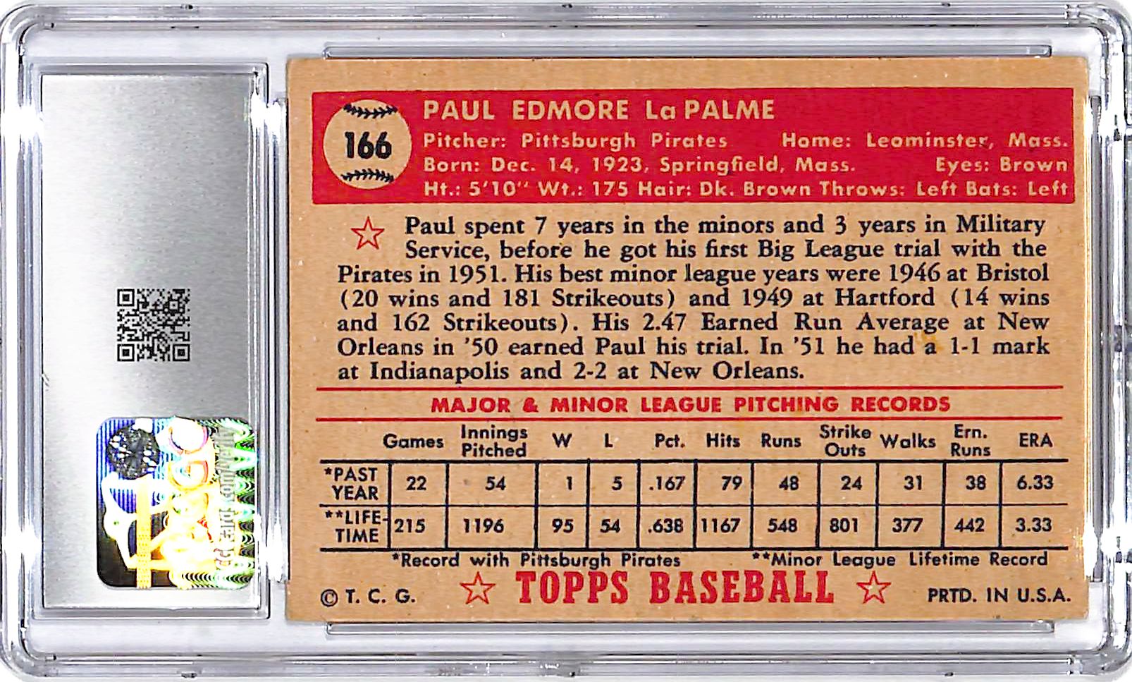 1952 Topps Paul LaPalme #166 CGC 5 Pirates