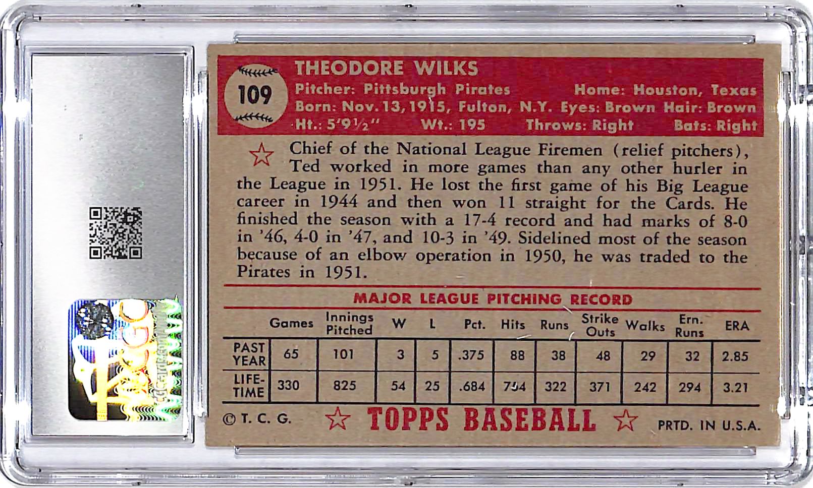 1952 Topps Ted Wilks #109 CGC 5 Pirates
