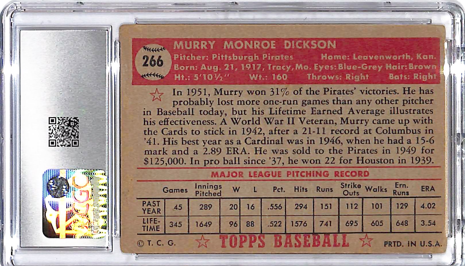 1952 Topps Murray Dickson #266 CGC 3 Pirates