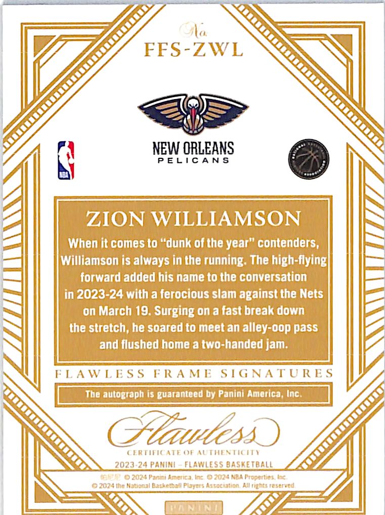 2023-24 Flawless Zion Williamson Auto Autograph /25 Pelicans
