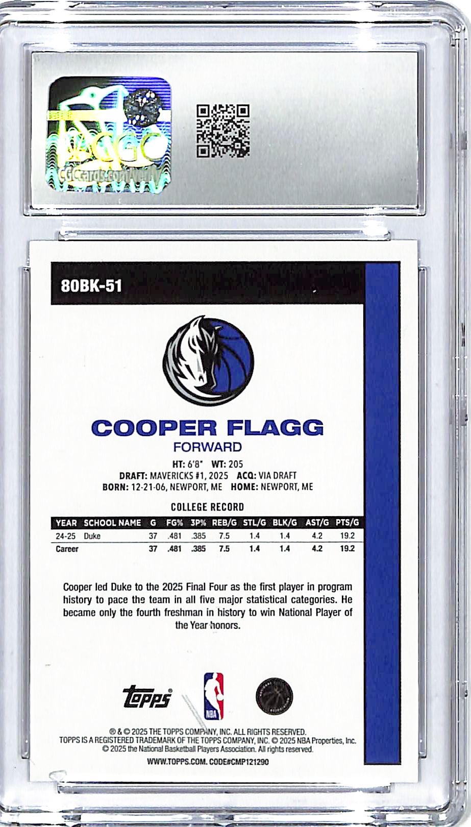 2025-26 Topps Cooper Flagg 80-81 Topps Rookie RC #51 Throwback CGC 9