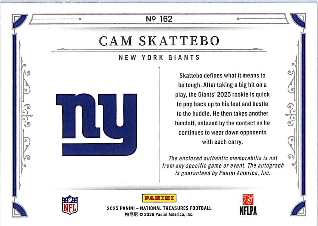 2025 National Treasures Cam Skattebo Auto Autograph Rookie RC Patch Jersey /99 Giants