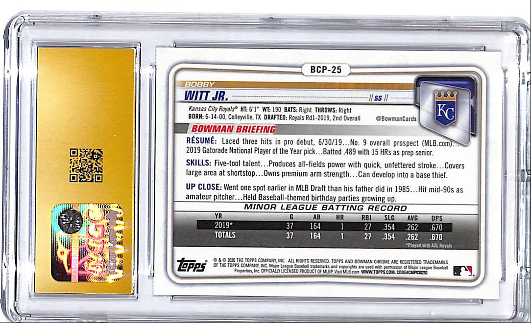 2020 Bowman Chrome Bobby Witt Jr Rookie RC Prospect CGC 10 Pristine Royals