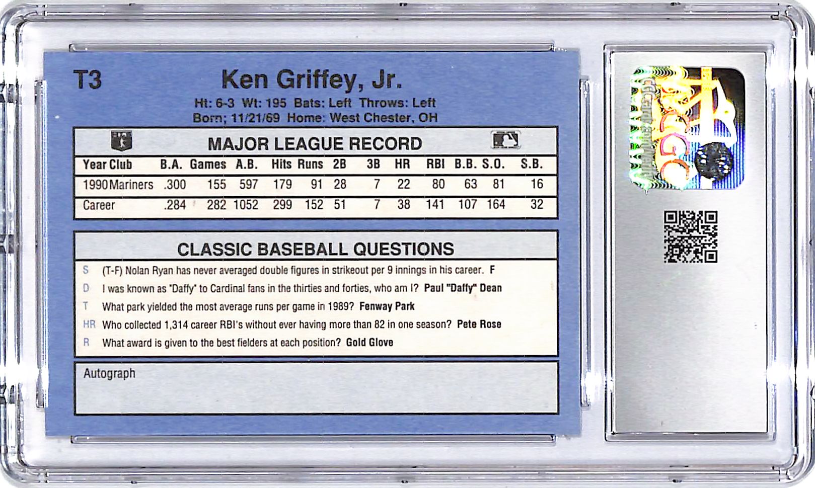 1991 Classic Ken Griffey Jr T3 CGC 9.5 Mariners