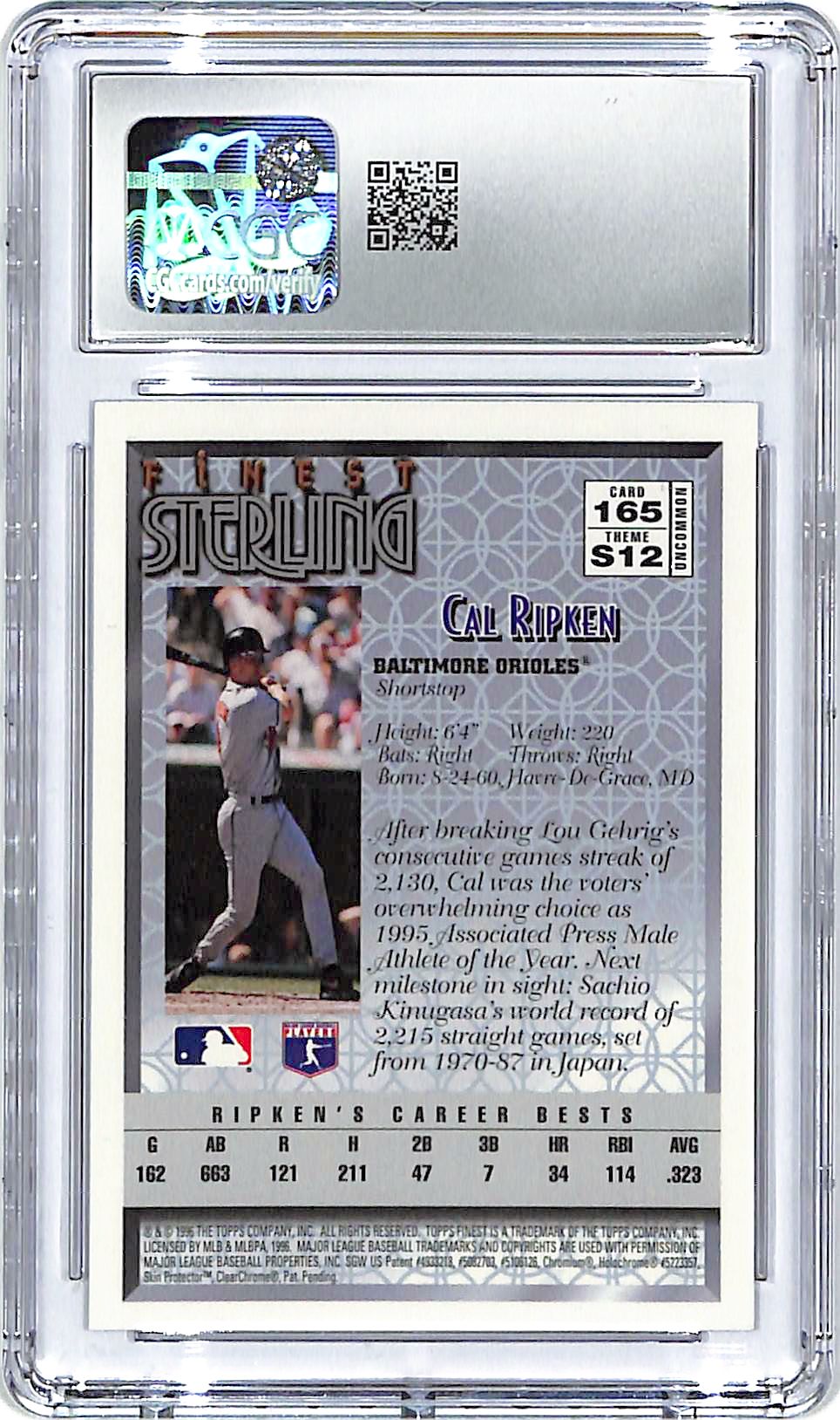 1996 Topps Finest Sterling Cal Ripken Jr #165 CGC 10 Orioles