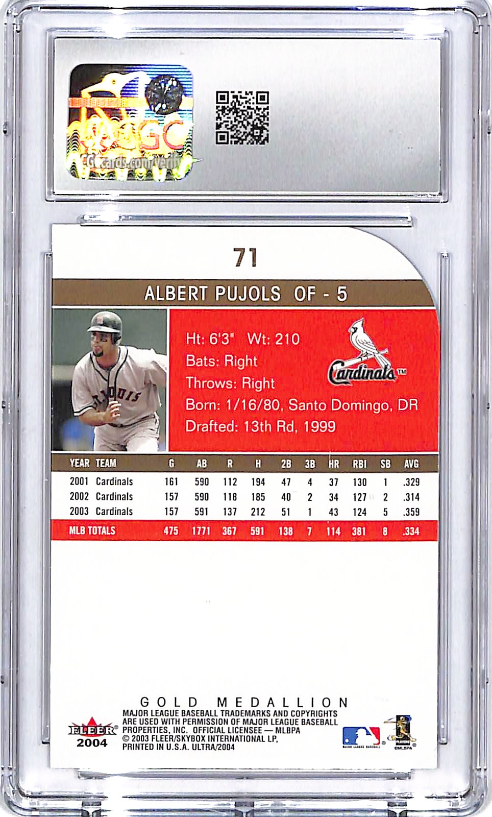 2004 Fleer Ultra Albert Pujols Gold Medallion #71 CGC 10 Cardinals