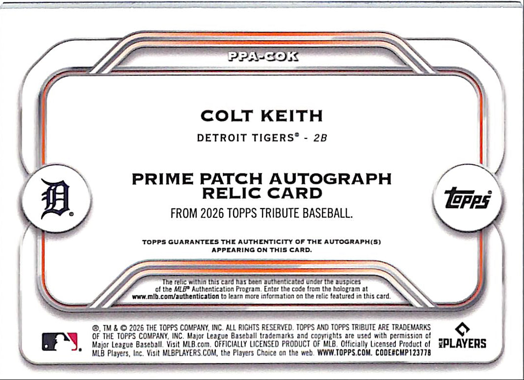 2026 Topps Tribute Colt Keith Auto Autograph Name Patch Jersey Red /5 Tigers Prime
