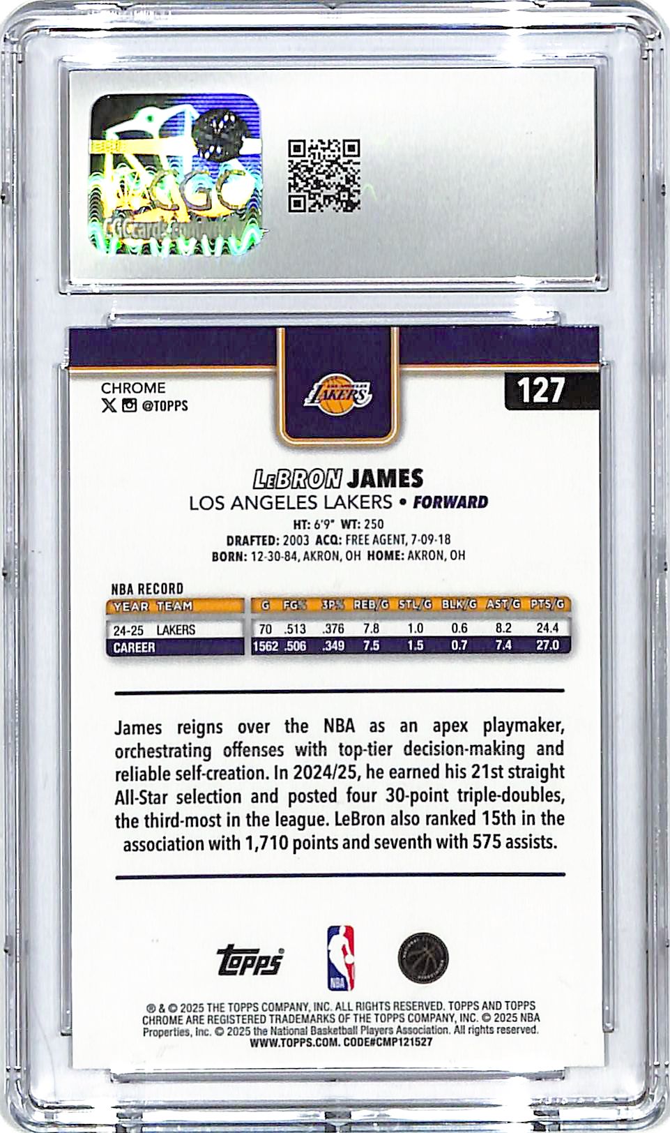 2025-26 Topps Chrome LeBron James Refractor #127 CGC 10 Lakers