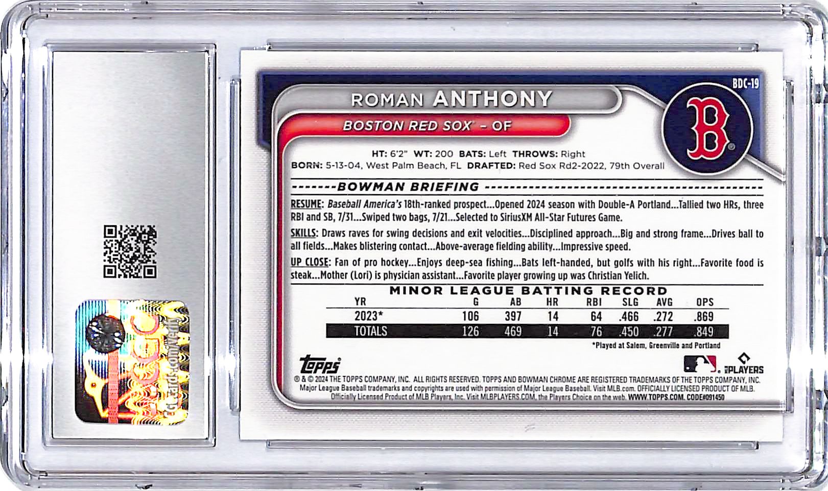 2024 Bowman Draft Chrome Sapphire Roman Anthony Rookie RC CGC 10 Red Sox