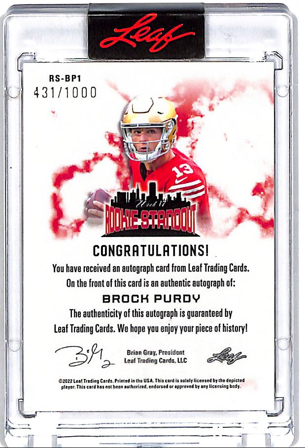 2022 Leaf Brock Purdy Rookie Standout Auto Autograph /1000 49ers