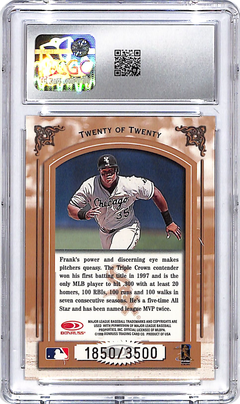 1998 Leaf Frank Thomas Heading for the Hall /3500 CGC 10 White Sox