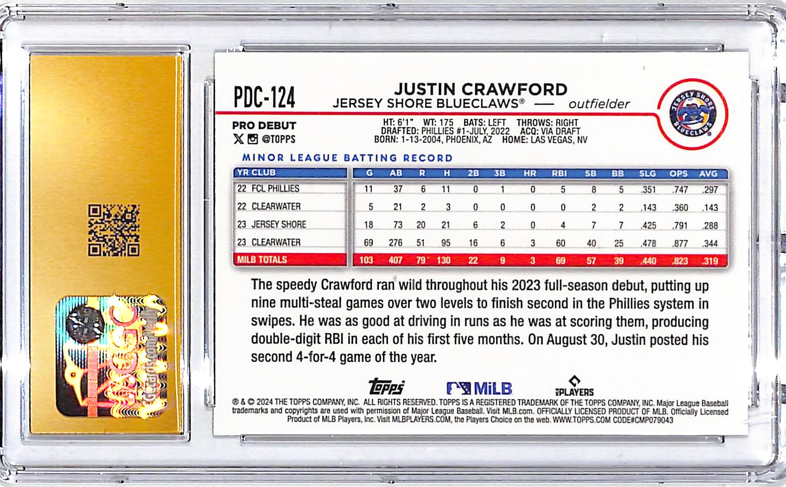 2024 Topps Pro Debut Chrome Justin Crawford Gold Mini Diamond Refractor /50 CGC 10 Pristine