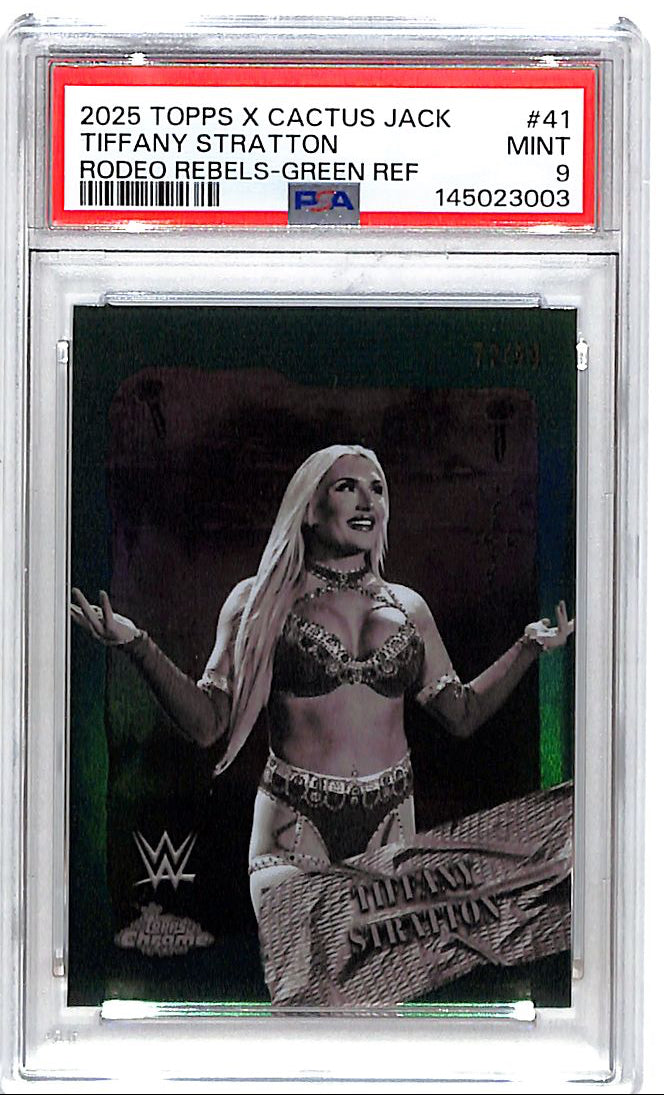 2025 Topps Chrome Cactus Jack WWE Tiffany Stratton Rodeo Rebels Green /99 PSA 9 Refractor