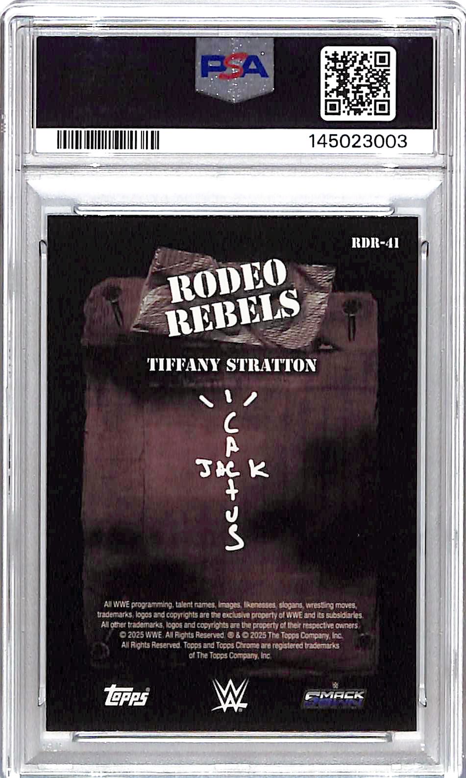 2025 Topps Chrome Cactus Jack WWE Tiffany Stratton Rodeo Rebels Green /99 PSA 9 Refractor