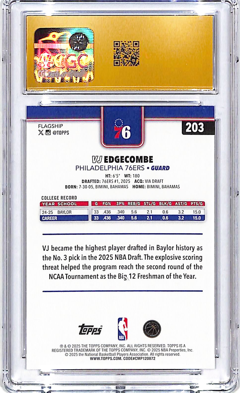 2025-26 Topps VJ Edgecombe Rookie RC #203 CGC 10 Pristine 76ers