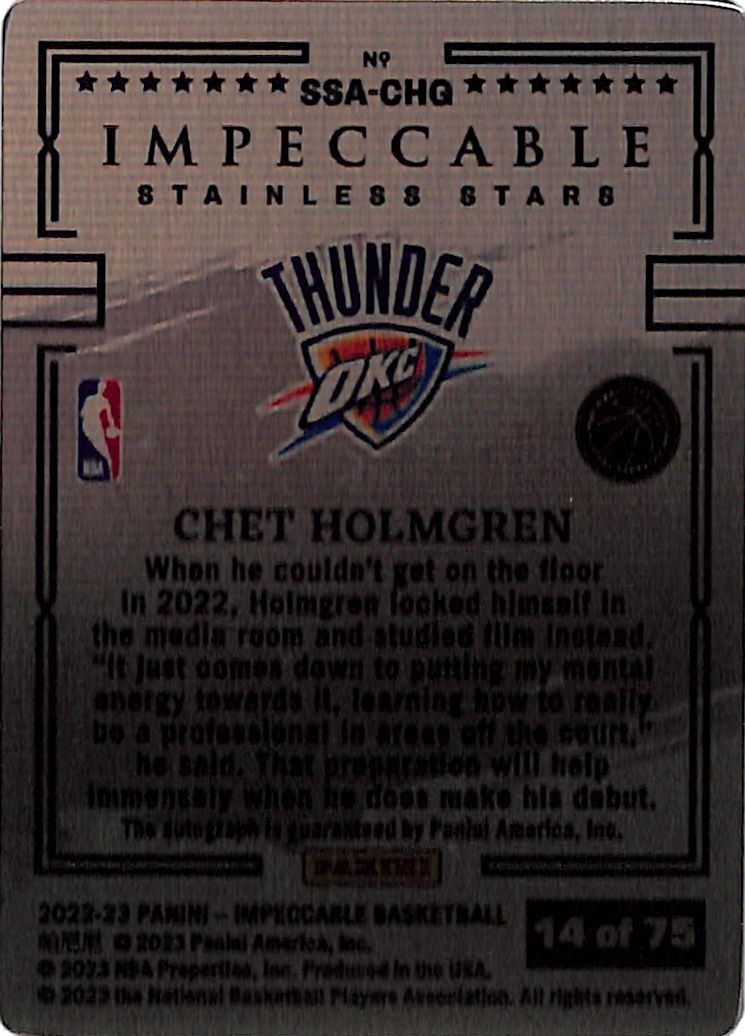 2022-23 Impeccable Chet Holmgren Auto Autograph Stainless Stars Rookie RC /75 Thunder