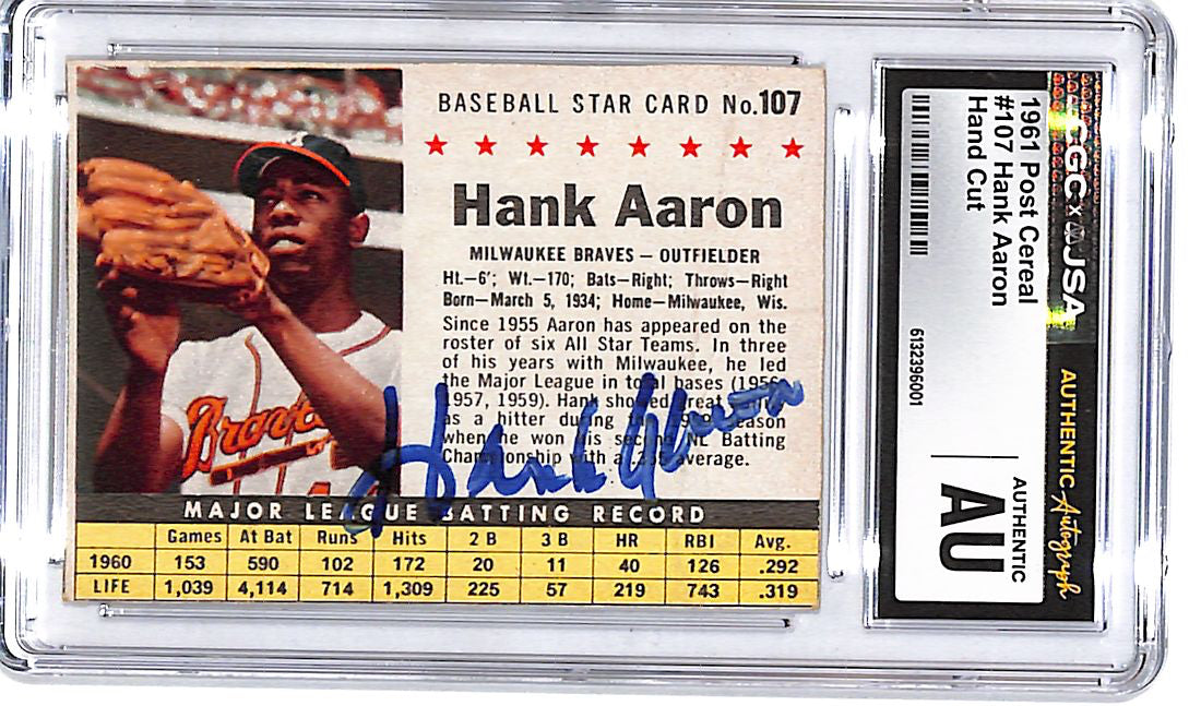 1961 Post Cereal Hank Aaron Hand Cut Auto Autograph Signed CGC JSA Authentic