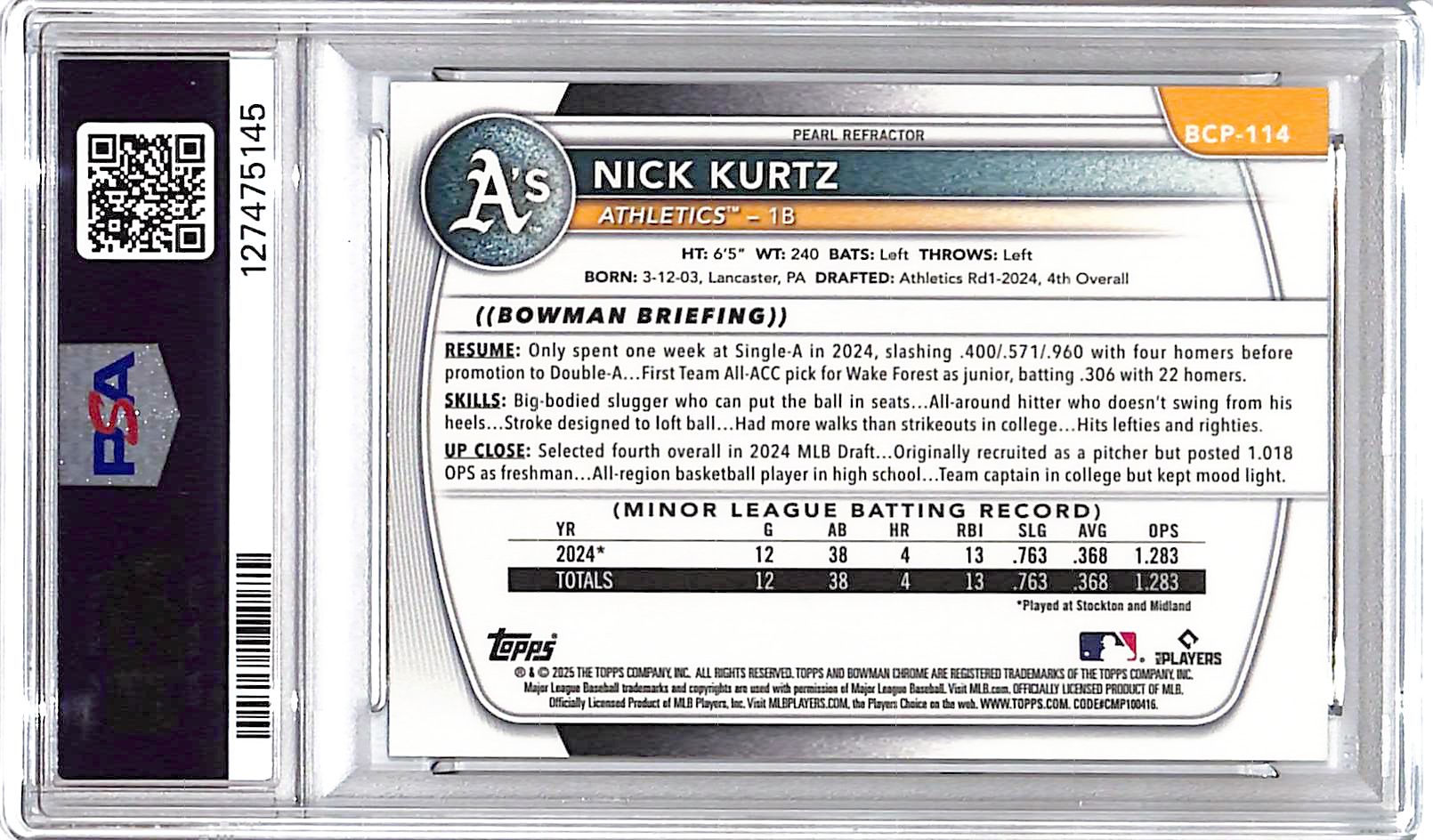 2025 Bowman Chrome Nick Kurtz Rookie RC Reptilian Refractor PSA 10 Athletics