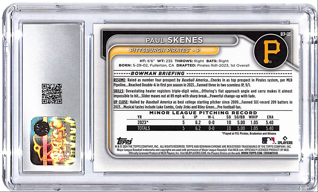 2024 Bowman Chrome Sapphire Paul Skenes Rookie RC Prospect CGC 9.5 Pirates