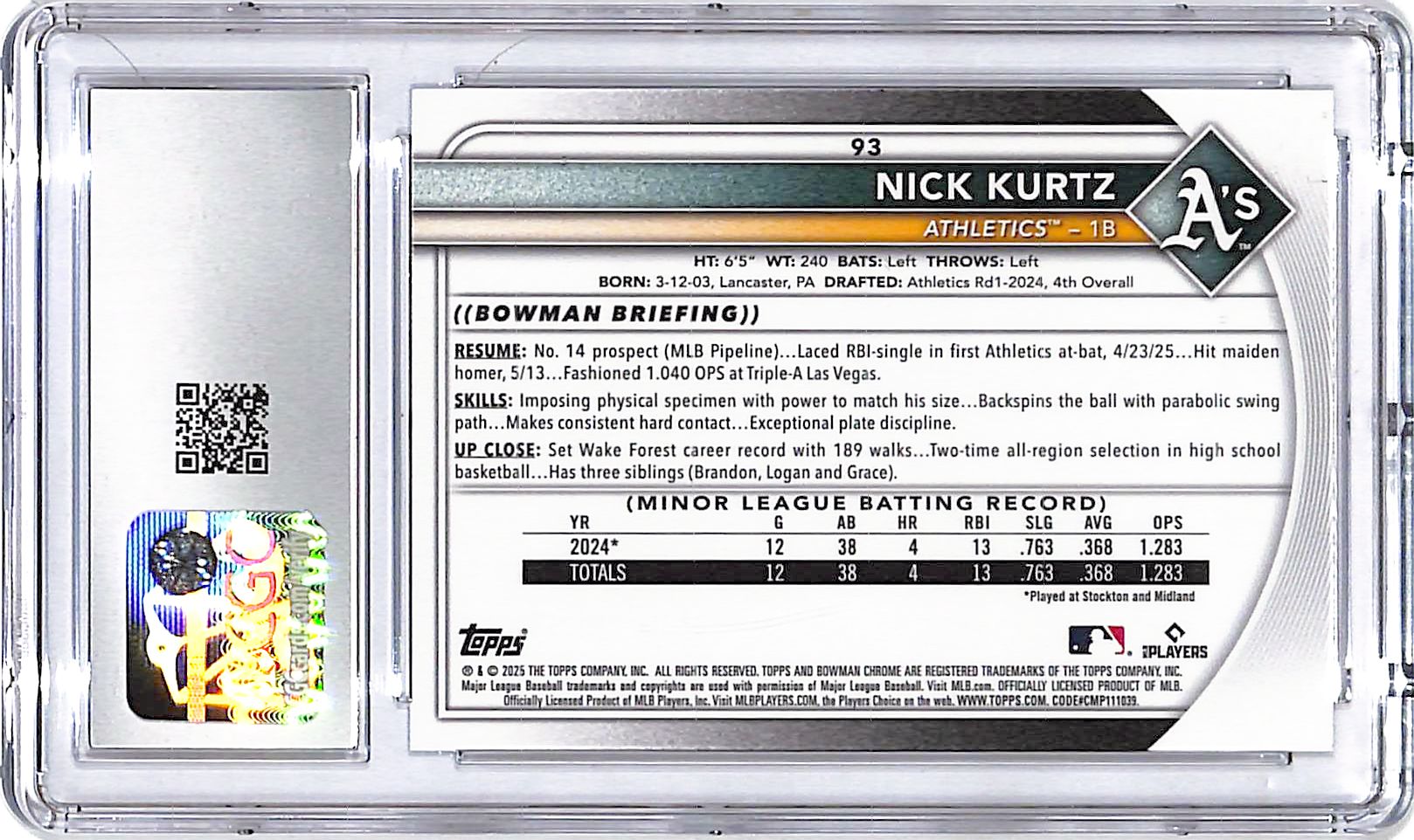2025 Bowman Chrome Nick Kurtz Mega Box Mojo Refractor Rookie RC CGC 10 Athletics