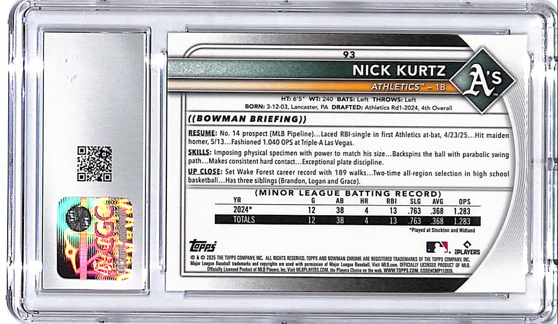 2025 Bowman Chrome Nick Kurtz Rookie RC #93 CGC 10 Athletics