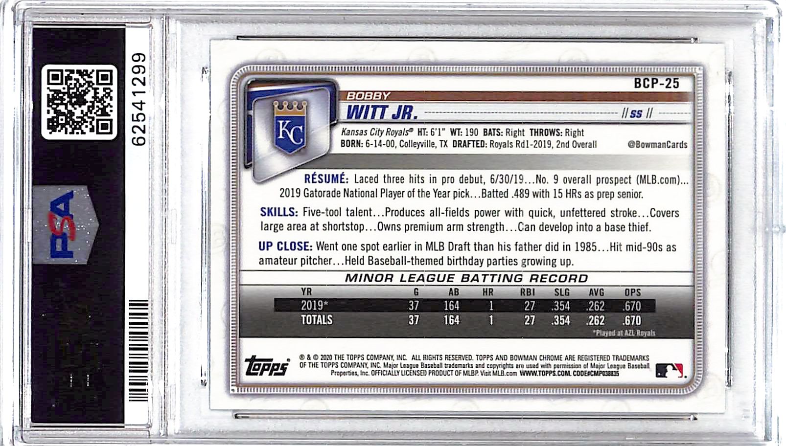 2020 Bowman Chrome Bobby Witt Jr Prospect Rookie RC Mojo Mega Box Refractor PSA 9