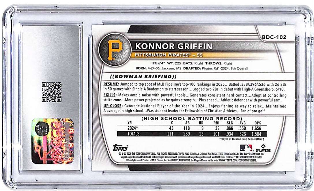 2025 Bowman Draft Chrome Konnor Griffin Rookie RC Prospect CGC 10 Pirates