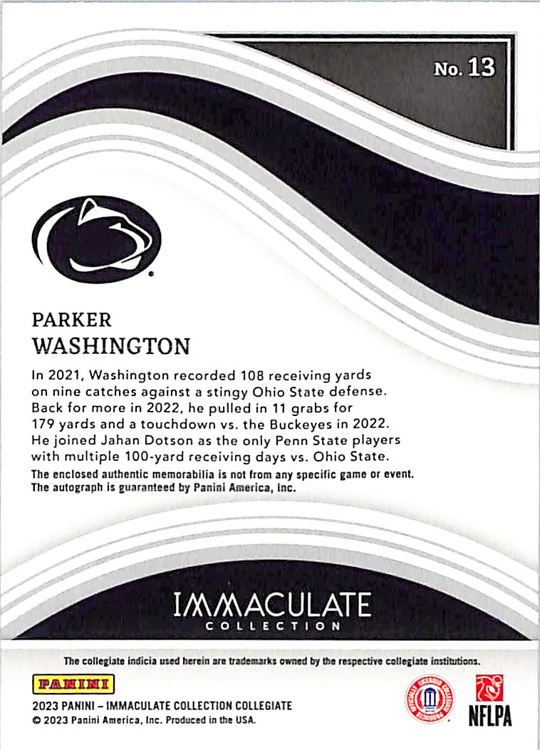 2023 Immaculate Collection Collegiate Parker Washington Auto Autograph Rookie RC Patch /10