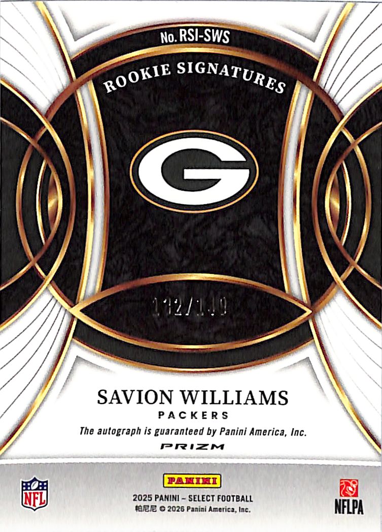 2025 Select Savion Williams Auto Autograph Rookie RC Blue /149 Packers