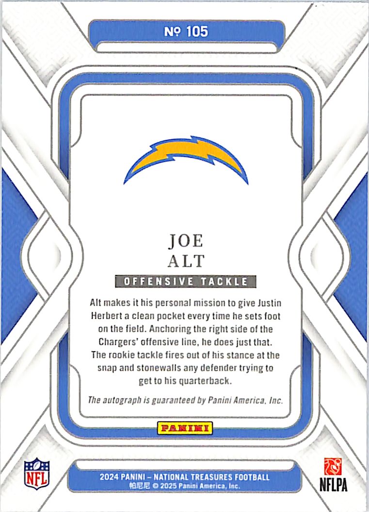 2024 National Treasures Joe Alt Auto Autograph Rookie RC Purple /49 Chargers