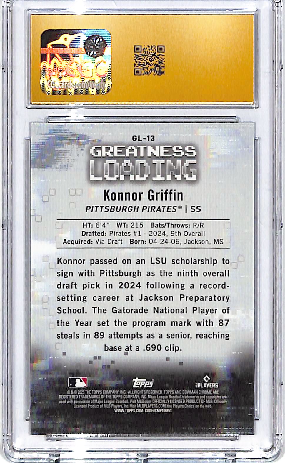 2025 Bowman Chrome Konnor Griffin Greatness Loading Rookie RC CGC 10 Pristine
