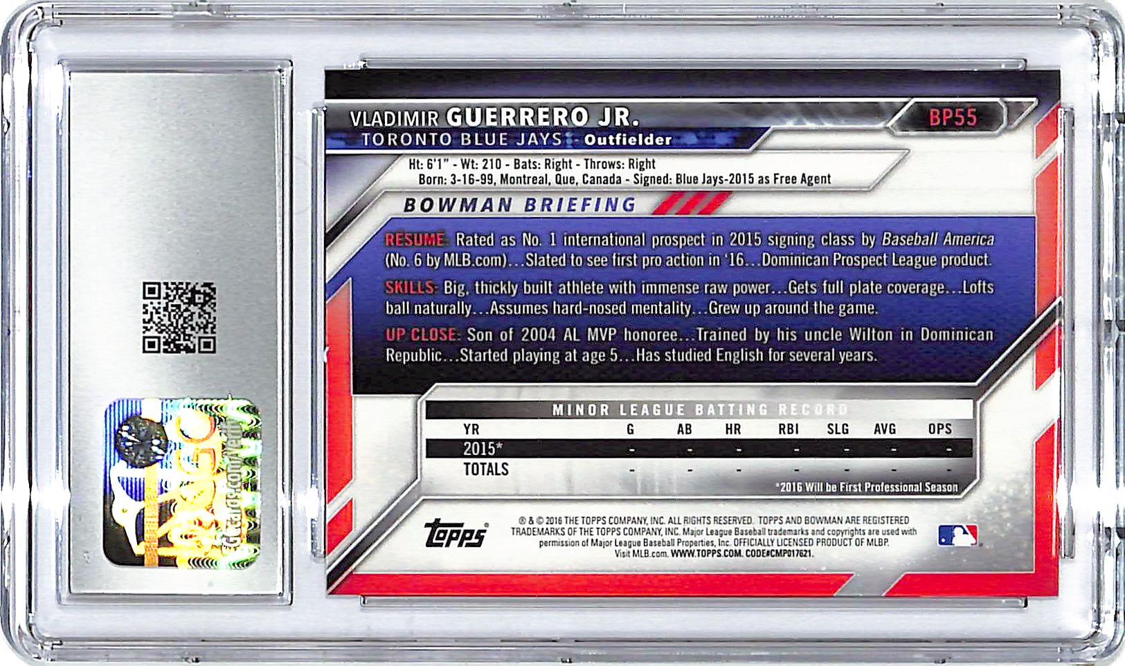 2016 Bowman Vladimir Guerrero Jr Prospects Rookie RC #BP55 CGC 9 Blue Jays
